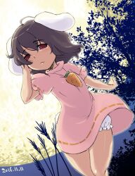 Rule 34 | 1girl, ahoge, animal ears, bloomers, blush, brown hair, carrot necklace, closed mouth, commentary request, dress, feet out of frame, flat chest, floppy ears, full moon, hair between eyes, hand in own hair, highres, inaba tewi, jewelry, kei jiei, looking at viewer, medium hair, moon, necklace, night, one-hour drawing challenge, pink dress, rabbit ears, rabbit girl, rabbit tail, red eyes, ribbon-trimmed dress, ribbon-trimmed sleeves, ribbon trim, short dress, solo, tail, touhou, tree, underwear, wavy hair, white bloomers