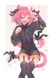 Rule 34 | 1boy, ;d, absurdres, animal ears, arm warmers, astolfo (fate), black ribbon, black sweater, black thighhighs, braid, cat ears, cat tail, clenched hands, dress, fang, fate/apocrypha, fate/grand order, fate (series), garter straps, gradient background, hair between eyes, hair intakes, hair ribbon, heart, highres, knees together feet apart, long braid, long hair, male focus, multicolored hair, one eye closed, open mouth, outside border, paw pose, paw print, paw print background, pink background, pink hair, pink tail, puffy sleeves, purple eyes, ribbon, single braid, skin fang, smile, solo, srinitybeast, standing, streaked hair, sweater, sweater dress, tail, tail ornament, tail ribbon, thighhighs, trap, very long hair, white background, white hair