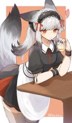 Rule 34 | 1girl, andou yuna, animal ears, arknights, artist name, black dress, black hairband, black wrist cuffs, blush, cowboy shot, cup, diamond-shaped pupils, diamond (shape), dress, drink, fox ears, fox girl, fox tail, frostleaf (arknights), grey hair, grey thighhighs, hairband, heart, highres, holding, holding cup, holding drink, looking at viewer, maid, neck ribbon, red eyes, red ribbon, ribbon, sidelocks, solo, symbol-shaped pupils, tail, thighhighs, tumbler glass, twintails, twitter username, wrist cuffs