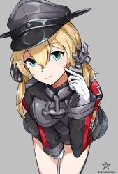 Rule 34 | 1girl, anchor, black skirt, blonde hair, gloves, green eyes, grey background, hair between eyes, hat, highres, hoshimiya mashiro, kantai collection, long hair, long sleeves, low twintails, military, military uniform, peaked cap, pleated skirt, prinz eugen (kancolle), simple background, skirt, smile, solo, twintails, uniform, white gloves