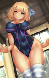 Rule 34 | 1girl, aged down, alice margatroid, alice margatroid (pc-98), blonde hair, blue bow, blue eyes, blue hairband, blue one-piece swimsuit, blue thighhighs, bow, breasts, cleavage, closed mouth, commentary request, covered navel, dutch angle, groin, hair bow, hairband, highleg, highleg swimsuit, highres, large breasts, one-piece swimsuit, oppai loli, short hair, shounen (hogehoge), smile, solo, striped clothes, striped thighhighs, swimsuit, thighhighs, touhou, touhou (pc-98), two-tone legwear, white thighhighs