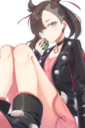 Rule 34 | 1girl, aqua eyes, backpack, bag, black choker, black footwear, black hair, black jacket, boots, choker, collarbone, commentary request, creatures (company), dress, dusk ball, feet out of frame, game freak, hair ribbon, hand up, holding, holding poke ball, jacket, knees up, konnyaku (yuukachan 51), long sleeves, looking at viewer, marnie (pokemon), nail polish, nintendo, open clothes, open jacket, pink dress, poke ball, pokemon, pokemon swsh, red ribbon, ribbon, short dress, short hair, simple background, sitting, solo, thighs, white background