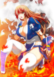 Rule 34 | 1girl, breasts, brown eyes, brown hair, choker, cleavage, dead or alive, fire, full body, japanese clothes, kasumi (doa), kettsu, kneeling, large breasts, long hair, ninja, on one knee, open mouth, pelvic curtain, sash, smoke, solo, thighhighs, weapon, weapon on back, white thighhighs, wrist wrap