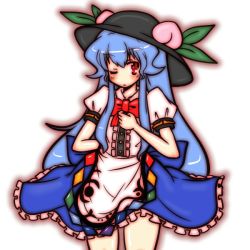 Rule 34 | 1girl, blue hair, bow, eruru (erl), female focus, food, frills, fruit, hat, hinanawi tenshi, leaf, long hair, one eye closed, open mouth, peach, red eyes, short sleeves, simple background, solo, touhou, very long hair, wink