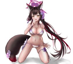 Rule 34 | 1girl, :d, absurdres, animal ear fluff, animal ears, bikini, blue archive, blunt bangs, bracelet, breasts, cleavage, collarbone, commentary request, eyeshadow, finger to mouth, flower, fox ears, fox girl, fox tail, hair between eyes, hair flower, hair ornament, halo, highres, index finger raised, jewelry, kneeling, large breasts, long hair, looking at viewer, makeup, multicolored hair, navel, official alternate costume, open mouth, side ponytail, sidelocks, simple background, sleeveless, smile, solo, spaghetti strap, stomach, swimsuit, tail, tail flower, tail ornament, thighlet, two-tone hair, wakamo (blue archive), wakamo (swimsuit) (blue archive), white background, white bikini, yongdogi