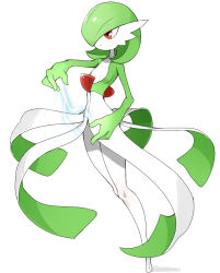 Rule 34 | 1girl, arm up, bob cut, breasts, closed mouth, colored skin, creatures (company), electricity, expressionless, female focus, full body, game freak, gardevoir, gen 3 pokemon, green hair, green skin, hair over one eye, multicolored skin, nintendo, pokemon, pokemon (creature), red eyes, senju (snz0), short hair, simple background, small breasts, solo, standing, transparent, two-tone skin, white background, white skin