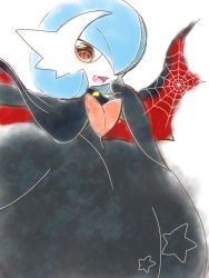 Rule 34 | 1girl, alternate color, arm up, bat wings, blue hair, blush, brown eyes, capelet, clothed pokemon, colored skin, creatures (company), fang, female focus, game freak, gardevoir, gen 3 pokemon, hair over one eye, hand up, mega gardevoir, mega pokemon, muguet, nintendo, open mouth, pokemon, pokemon (creature), shiny pokemon, short hair, silk, simple background, smile, solo, spider web, standing, star (symbol), white background, white skin, wings