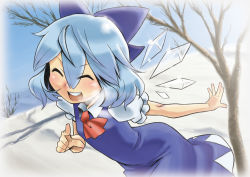 Rule 34 | 1girl, blue hair, bow, cirno, dress, hair bow, ice, ice wings, laughing, miyaji, pointing, pointing at viewer, short hair, solo, touhou, wings