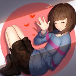 Rule 34 | 1other, bloom, blue sweater, boots, bow, brown bow, brown footwear, brown hair, brown shorts, closed eyes, closed mouth, commentary, english commentary, footwear bow, frisk (undertale), grey background, hand on own stomach, hand up, heart, light, long sleeves, lying, on side, pink background, pocket, puffy long sleeves, puffy sleeves, sasoura, shadow, short hair, shorts, single stripe, smile, solo, striped clothes, striped sweater, sweater, undertale, white background