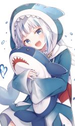 Rule 34 | 1girl, :d, animal hood, blue eyes, blue hoodie, blue nails, blunt bangs, blush, cowboy shot, fins, fish tail, gawr gura, gawr gura (1st costume), gomano rio, gradient clothes, head tilt, heart, highres, holding, holding stuffed toy, hololive, hololive english, hood, hood up, hoodie, long hair, looking at viewer, multicolored hair, nail polish, open mouth, shark hood, shark tail, sharp teeth, silver hair, simple background, sleeves past wrists, smile, solo, streaked hair, stuffed animal, stuffed shark, stuffed toy, tail, teeth, virtual youtuber, water drop, white background, wide sleeves