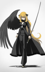 Rule 34 | 1girl, black coat, black footwear, black pants, black wings, blonde hair, breasts, cleavage, coat, commentary, creatures (company), cynthia (pokemon), english commentary, feathered wings, feathers, final fantasy, final fantasy vii, fur-trimmed coat, fur collar, fur trim, game freak, hair ornament, hair over one eye, high heels, highres, holding, holding sword, holding weapon, katana, long hair, long sleeves, looking at viewer, masamune (ff7), medium breasts, nintendo, pants, pokemon, pokemon dppt, shadow, simple background, single wing, smirk, solo, standing, sword, very long hair, vivivoovoo, weapon, wings