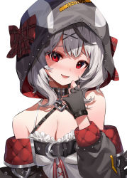 Rule 34 | 1girl, bare shoulders, black jacket, blush, breasts, cleavage, commentary, hair ornament, hana mori, highres, hololive, holox, hood, hood up, jacket, looking at viewer, red eyes, sakamata chloe, sakamata chloe (1st costume), shirt, silver hair, smile, solo, symbol-only commentary, virtual youtuber, white shirt, x hair ornament