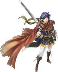 Rule 34 | 1boy, arm guards, artist request, belt, blue eyes, blue hair, boots, cape, fingerless gloves, fire emblem, fire emblem: path of radiance, full body, gloves, headband, highres, holding, holding weapon, ike (fire emblem), knee boots, looking at viewer, looking up, male focus, nintendo, official art, pants, short hair, short sleeves, solo, sword, transparent background, weapon