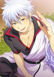 Rule 34 | 1boy, :d, boots, brown background, collarbone, gintama, gradient background, grass, indian style, japanese clothes, jitome, looking at viewer, male focus, open mouth, pectoral cleavage, pectorals, red eyes, sakata gintoki, silver hair, sitting, smile, solo, tokimachi eisei