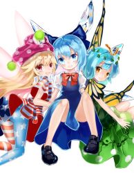 Rule 34 | 3girls, absurdres, american flag dress, american flag legwear, antennae, bare legs, black footwear, blonde hair, blue dress, blue eyes, blue hair, bow, brown eyes, butterfly wings, cirno, clownpiece, commentary request, dress, eternity larva, fairy wings, green dress, hat, head tilt, highres, ice, ice wings, insect wings, jester cap, leaf, leaf on head, long hair, looking at viewer, multiple girls, neck ruff, open mouth, pantyhose, pink hat, polka dot, puffy short sleeves, puffy sleeves, shoes, short hair, short sleeves, simple background, sitting, smile, touhou, very long hair, white background, wings, zhu xiang