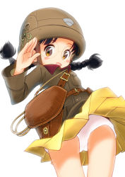 Rule 34 | 10s, 1girl, :d, belt, black hair, blush stickers, braid, brown eyes, brown jacket, chi-hatan military uniform, commentary request, cowboy shot, fukuda haru, girls und panzer, glasses, helmet, jacket, long hair, long sleeves, looking at viewer, m tap, military, military uniform, miniskirt, open mouth, panties, pantyshot, pleated skirt, round eyewear, backpack, salute, simple background, skirt, smile, solo, standing, twin braids, twintails, underwear, uniform, white background, wind, wind lift, yellow skirt