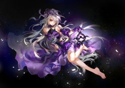 Rule 34 | 1girl, bare legs, bare shoulders, barefoot, blush, detached sleeves, dress, full body, gloves, hair over one eye, hat, hat ribbon, lantern, long hair, looking at viewer, nine-year, pandora (p&amp;d), purple dress, purple eyes, purple gloves, puzzle &amp; dragons, ribbon, silver hair, simple background, sleeveless, sleeveless dress, solo, very long hair