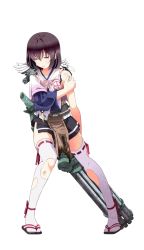 Rule 34 | 1girl, brown hair, flower, full body, gatling gun, gun, hair flower, hair ornament, holding, holding gun, holding own arm, holding weapon, kagoshima (oshiro project), official art, oshiro project:re, oshiro project:re, red eyes, short hair, solo, thighhighs, torn clothes, torn thighhighs, transparent background, tsukumo (soar99), weapon