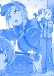 Rule 34 | 2girls, :d, :o, against glass, ai-chan (tawawa), annoyed, arm at side, baseball cap, blue theme, bouncing breasts, breast press, breasts, breasts on glass, car, clothes writing, collared shirt, comic, commentary request, copyright name, earrings, employee uniform, from below, full body, getsuyoubi no tawawa, glaring, hanging breasts, hat, himura kiseki, holding, holding clothes, holding hat, jealous, jewelry, jitome, large breasts, looking at viewer, monochrome, motion lines, motor vehicle, multiple girls, multiple views, name tag, open mouth, out of frame, pants, removing hat, shirt, shoes, short hair, silent comic, smile, sweat, tareme, towel, translation request, uniform, unworn hat, unworn headwear, wing collar