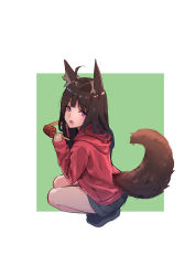 Rule 34 | 1girl, :o, absurdres, animal ears, bad id, bad pixiv id, black footwear, black shorts, blunt bangs, blush, brown hair, clothing cutout, fang, food, fox ears, fox tail, from side, full body, green background, highres, hood, hooded jacket, jacket, long sleeves, looking at viewer, looking to the side, meat, nekojira, open mouth, original, purple eyes, red jacket, shorts, sleeves past wrists, solo, squatting, tail, tail through clothes, two-tone background