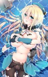 Rule 34 | 10s, 1girl, atago (kancolle), bare shoulders, blonde hair, breasts, covering privates, covering breasts, covering nipples, fuya (tempupupu), green eyes, hat, huge breasts, kantai collection, light smile, long hair, lying, on back, pantyhose, scar, solo, tears, temp (artist), torn clothes, torn pantyhose, water