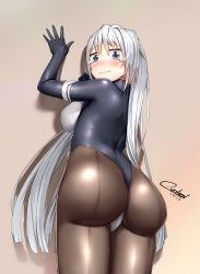 Rule 34 | 1girl, absurdres, against wall, ass, blue eyes, blush, bodysuit, breasts, embarrassed, from behind, gloves, highres, horizon ariadust, kyoukaisenjou no horizon, long hair, looking at viewer, medium breasts, overlord (overlord80000), pantyhose, shiny clothes, sideboob, silver hair, solo, teardrop, tears, very long hair