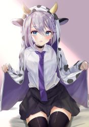Rule 34 | 1girl, absurdres, animal ears, animal print, black nails, black skirt, black thighhighs, blue eyes, braid, breasts, commentary request, cow ears, cow horns, cow print, fake animal ears, feet out of frame, french braid, gradient background, hair between eyes, highres, horns, jacket, kaga sumire, large breasts, lifting own clothes, long sleeves, lupinus virtual games, nail polish, necktie, on bed, pleated skirt, purple background, purple necktie, shirt, short hair, silver hair, simple background, sitting, skirt, sleeves past wrists, solo, thighhighs, toratora (nanahaba), virtual youtuber, vspo!, wall, white jacket, white shirt