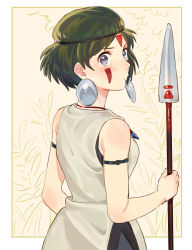 Rule 34 | 1girl, bare arms, blue eyes, blush, breasts, brown hair, closed mouth, commentary request, earrings, facepaint, facial mark, headband, highres, honoboooono, jewelry, looking at viewer, mononoke hime, necklace, san (mononoke hime), short hair, solo, studio ghibli, weapon