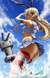 Rule 34 | 10s, 1girl, :o, ass, bare shoulders, blonde hair, blue eyes, breasts, elbow gloves, eu03, gloves, kantai collection, long hair, panties, pantyshot, rensouhou-chan, shimakaze (kancolle), skirt, small breasts, solo, splashing, striped clothes, striped thighhighs, thighhighs, thighs, thong, underwear, upskirt, water