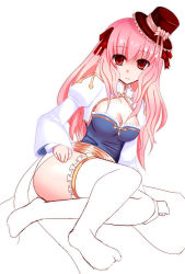 Rule 34 | 1girl, arch bishop (ragnarok online), blue dress, bow, breasts, cleavage, cleavage cutout, clothing cutout, commentary request, cross, dress, expressionless, frilled hat, frilled thighhighs, frills, full body, hair between eyes, hair bow, hat, highres, juliet sleeves, long hair, long sleeves, looking at viewer, medium breasts, no shoes, pink hair, puffy sleeves, ragnarok online, red bow, red eyes, red hat, sash, simple background, solo, suisui (hakkindou), thighhighs, top hat, two-tone dress, white background, white dress, white thighhighs, yellow sash
