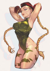Rule 34 | 1girl, ahoge, antenna hair, armpits, arms behind head, arms up, beret, blonde hair, blue eyes, bodypaint, braid, breasts, cammy white, camouflage, covered navel, cowboy shot, dated, covered erect nipples, garrison cap, gloves, green leotard, hat, highleg, highleg leotard, highres, huge ahoge, leotard, lips, lipstick, long hair, looking at viewer, makeup, medium breasts, morry, parted lips, red lips, red lips, ribbed leotard, scar, signature, simple background, solo, street fighter, street fighter ii (series), thick thighs, thighs, thong leotard, twin braids