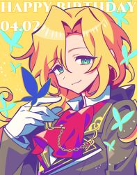 Rule 34 | ascot, blonde hair, bug, butterfly, dated, gloves, green eyes, happy birthday, idolmaster, idolmaster side-m, insect, long hair, long sleeves, looking at viewer, male focus, simple background, smile, solo, surigoma (39 sekai), tsuzuki kei, white gloves, yellow background