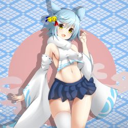 Rule 34 | 1girl, absurdres, animal ears, azur lane, blue background, blue hair, blue skirt, breasts, cowboy shot, detached sleeves, fang, fox ears, fubuki (azur lane), highres, midriff, navel, open mouth, pleated skirt, scarf, short hair, simple background, single thighhigh, skirt, small breasts, smile, thighhighs, wenetora, white scarf, white thighhighs, yellow eyes