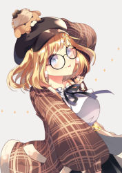 Rule 34 | 1girl, animal, bespectacled, black ribbon, blonde hair, blue eyes, brown hat, brown jacket, bubba (watson amelia), commentary request, deerstalker, dog, earrings, frills, from side, fromchawen, glasses, hair ornament, hat, hololive, hololive english, jacket, jewelry, long sleeves, looking at viewer, medium hair, open mouth, plaid, plaid jacket, ribbon, round eyewear, shirt, smile, solo, sparkle, tongue, tongue out, virtual youtuber, watson amelia, watson amelia (street casual)