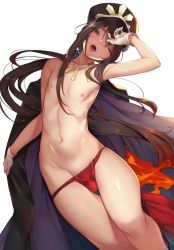 Rule 34 | 1boy, arm up, armpits, black hair, blush, cape, collarbone, fate/grand order, fate (series), gloves, groin, hair between eyes, half-closed eye, hat, jewelry, kamaboko (ossann0125), linea alba, long hair, looking at viewer, male focus, navel, necklace, nipples, oda nobukatsu (fate), one eye closed, open mouth, panties, peaked cap, red eyes, red panties, ribs, sidelocks, simple background, skindentation, smile, solo, stomach, tearing up, thighs, toned, topless male, trap, underwear, very long hair, white background, white gloves