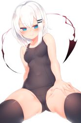 Rule 34 | 1girl, bare arms, bare shoulders, black one-piece swimsuit, black thighhighs, blue eyes, blush, breasts, cameltoe, closed mouth, collarbone, covered navel, gluteal fold, hair between eyes, hair ornament, hairclip, highres, looking at viewer, old school swimsuit, one-piece swimsuit, original, otokuyou, ringo-chan (otokuyou), school swimsuit, short hair, sidelocks, small breasts, solo, spread legs, standing, swimsuit, thighhighs, thighs, white background, white hair