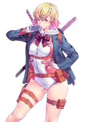 Rule 34 | 1girl, animification, blazer, blonde hair, blue eyes, bow, bowtie, cellphone, colored eyelashes, commentary request, gloves, gluteal fold, gradient hair, gwenpool, hair between eyes, hand on own hip, highres, holding, holding phone, holster, honzawa yuuichirou, hood, jacket, katana, leotard, leotard under clothes, long sleeves, looking at viewer, marvel, multicolored hair, outline, outside border, phone, photoshop (medium), pink hair, pouch, red bow, red bowtie, simple background, skin tight, smartphone, solo, striped bow, striped bowtie, striped clothes, sword, thigh holster, thigh pouch, thigh strap, thighs, weapon, white background, white gloves