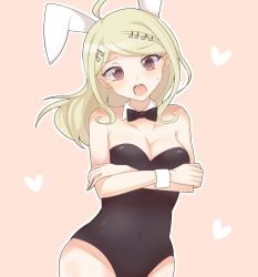 Rule 34 | 1girl, absurdres, ahoge, akamatsu kaede, animal ears, bare arms, bare shoulders, black bow, black bowtie, black leotard, blonde hair, blush, bow, bowtie, breasts, cleavage, collarbone, commentary request, covered navel, cowboy shot, crossed arms, danganronpa (series), danganronpa v3: killing harmony, detached collar, fake animal ears, groin, hair ornament, heart, highres, leotard, long hair, looking at viewer, medium breasts, open mouth, outline, pink background, playboy bunny, rabbit ears, raimone (nekokirinv3), solo, standing, strapless, strapless leotard, sweatdrop, teeth, upper teeth only, white outline, wrist cuffs