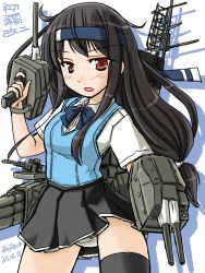 Rule 34 | 10s, 1girl, alternate costume, backpack, bag, black hair, black thighhighs, bow, bowtie, cannon, cowboy shot, finger on trigger, hatsushimo (kancolle), headband, kantai collection, long hair, low-tied long hair, machinery, panties, pantyshot, shirt, short sleeves, solo, standing, sweater vest, tatsumi ray, thighhighs, turret, underwear, vest, weapon, white panties, white shirt