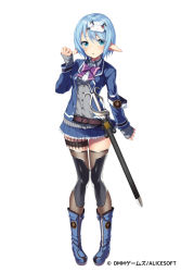 Rule 34 | 1girl, belt, blue footwear, blue hair, blue skirt, boots, brown thighhighs, dmm, full body, hair ornament, hairband, legband, looking at viewer, pointy ears, pokachu, sheath, sheathed, skirt, solo, standing, sword, thigh strap, thighhighs, watermark, weapon