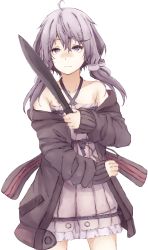 Rule 34 | 1girl, ahoge, bare shoulders, blade, collarbone, dress, hair ribbon, highres, holding, holding weapon, hood, hoodie, itituki, knife, long hair, looking at viewer, off shoulder, purple eyes, purple hair, ribbon, short hair with long locks, solo, transparent background, twintails, upper body, vocaloid, voiceroid, weapon, white background, yuzuki yukari