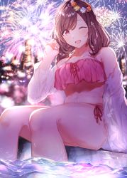 Rule 34 | 1girl, absurdres, bikini, blush, braid, breasts, brown hair, fireworks, hand in own hair, head wreath, heart, highres, huge filesize, idolmaster, idolmaster shiny colors, large breasts, long hair, looking at viewer, navel, night, one eye closed, open mouth, see-through, sitting, smile, solo, striped bikini, striped clothes, swimsuit, swimsuit cover-up, takani0721, tsukioka kogane, twin braids, water