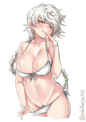 Rule 34 | 1girl, alternate costume, bare arms, bare shoulders, bikini, bikini pull, blush, braid, breasts, brown eyes, cleavage, clothes pull, collarbone, cropped legs, ebifurya, finger to mouth, front-tie bikini top, front-tie top, groin, hair between eyes, half-closed eyes, highres, kantai collection, large breasts, looking at viewer, parted lips, pulled by self, ribbon, seductive smile, shiny skin, side-tie bikini bottom, simple background, single braid, smile, solo, standing, swimsuit, teasing, thighs, twitter username, unryuu (kancolle), white background, white hair, white ribbon