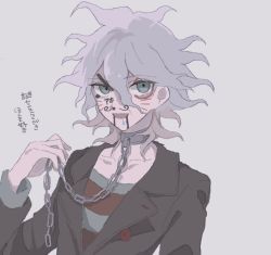 Rule 34 | 1boy, :d, black jacket, body writing, chain, collarbone, commentary request, danganronpa (series), danganronpa another episode: ultra despair girls, drawing on another&#039;s face, grey eyes, grey hair, grey shirt, hair between eyes, hand up, jacket, komaeda nagito, leather, leather jacket, long sleeves, looking at viewer, male focus, messy hair, open mouth, pale skin, red shirt, servant (danganronpa), shenmu (nyx 0), shirt, simple background, sketch, smile, solo, striped clothes, striped shirt, translation request, upper body, white background, writing on face