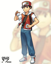 Rule 34 | 1boy, absurdres, artist name, backpack, bag, belt, black hair, black shirt, brown bag, brown belt, closed mouth, commentary, creatures (company), full body, game freak, hand on own hip, hat, highres, holding, holding poke ball, jacket, male focus, nintendo, open clothes, open jacket, orlek, pants, poke ball, poke ball (basic), pokemon, pokemon rgby, red (pokemon), red hat, shirt, shoes, short hair, short sleeves, smile, solo, split mouth, standing, white footwear, zoom layer