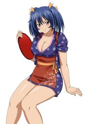 Rule 34 | 00s, 1girl, bashoku youjou, blue hair, blush, breasts, cleavage, female focus, hair ribbon, ikkitousen, large breasts, looking at viewer, purple eyes, ribbon, short twintails, simple background, sitting, smile, solo, twintails, white background