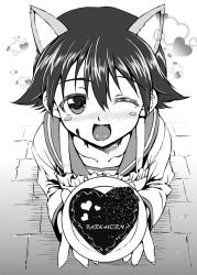 Rule 34 | 1girl, animal ears, apron, blush, blush stickers, cake, collarbone, english text, fingernails, food, food on face, from above, greyscale, heart, looking at viewer, military, military uniform, miyafuji yoshika, mo-ai, monochrome, one eye closed, open mouth, plate, short hair, solo, strike witches, uniform, wink, world witches series