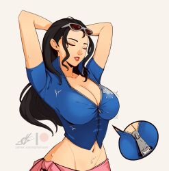 Rule 34 | 1girl, arms up, black hair, blue vest, breasts, bursting breasts, cleavage, closed eyes, crop top, cropped vest, eightyfourart, eyewear on head, highres, large breasts, midriff, navel, nico robin, one piece, parted lips, patreon username, red lips, sarong, signature, simple background, solo, spoken object, stomach, sunglasses, upper body, vest, watermark, web address, zipper pull tab