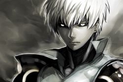 Rule 34 | 1boy, black sclera, closed mouth, collared shirt, colored sclera, commentary request, cyborg, earrings, genos, glowing, greyscale, hair between eyes, high collar, hungry clicker, jewelry, looking at viewer, male focus, monochrome, one-punch man, popped collar, shirt, solo, steam, stud earrings, upper body