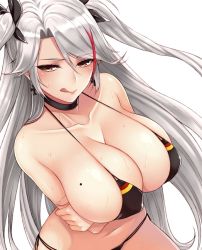 Rule 34 | 1girl, :q, azur lane, bare shoulders, bikini, black bikini, black neckwear, blush, breasts, breasts squeezed together, brown eyes, choker, cocq taichou, collarbone, commentary request, cross, cross earrings, crossed arms, earrings, flag print, german flag bikini, grey hair, hair between eyes, iron cross, jewelry, large breasts, long hair, looking at viewer, mole, mole on breast, multicolored hair, prinz eugen (azur lane), prinz eugen (unfading smile) (azur lane), simple background, solo, streaked hair, sweat, swimsuit, tongue, tongue out, two side up, upper body, very long hair, white background